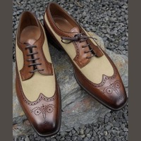 Men’s Handmade Brown Beige Wing Tip Brogue Shoes, Men Leather Suede Dress Shoes - Thumbnail 1