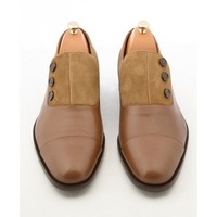 New Handmade Men Tan Brown Shoes, Men's Suede & Leather Shoes,Men's Button Shoes - Thumbnail 1