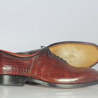 Men's Burgundy Alligator Texture Leather Whole Cut Dress Shoes - Thumbnail 1
