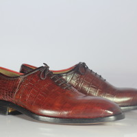 Men's Burgundy Alligator Texture Leather Whole Cut Dress Shoes - Thumbnail 2