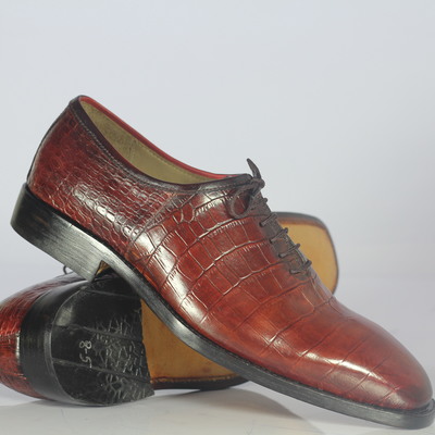 Men's burgundy alligator texture leather whole cut dress shoes - Thumbnail 3
