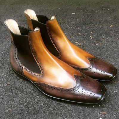 Handmade men's tan brown boots, men dress leather wing tip brogue chelsea boots - Thumbnail 2