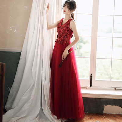 Burgundy tulle lace prom dress evening dress