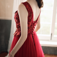 Burgundy tulle lace prom dress evening dress - Thumbnail 2