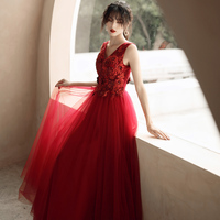 Burgundy tulle lace prom dress evening dress - Thumbnail 3