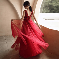 Burgundy tulle lace prom dress evening dress - Thumbnail 4