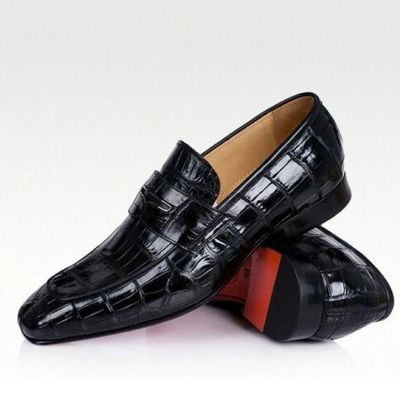 Handmade men black crocodile moccasin shoes, men dress leather shoes, slip ons