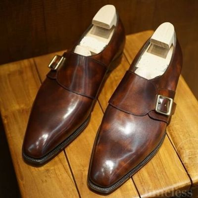 Handmade men burnished brown shoes, monk strap shoes men, leather formal shoes