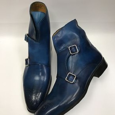 Handmade men blue boots, double monk strap boot, men leather boots formal dress - Thumbnail 3