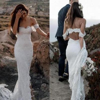 Sexy backless boho side slit wedding gowns off shoulder beach bridal dress plus size vestidos de noiva elegant bohemian lace wedding dress