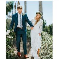 Jewel Neck Vintage Full Lace Mermaid Wedding Dresses Long Sleeve Bohemian Summer Holiday Countryside Beach Wedding Gown - Thumbnail 1