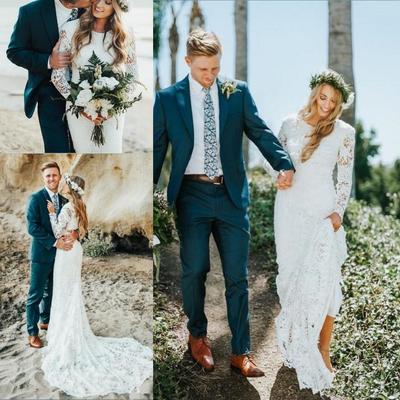 Jewel Neck Vintage Full Lace Mermaid Wedding Dresses Long Sleeve Bohemian Summer Holiday Countryside Beach Wedding Gown