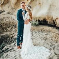 Jewel Neck Vintage Full Lace Mermaid Wedding Dresses Long Sleeve Bohemian Summer Holiday Countryside Beach Wedding Gown - Thumbnail 3