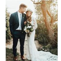 Jewel Neck Vintage Full Lace Mermaid Wedding Dresses Long Sleeve Bohemian Summer Holiday Countryside Beach Wedding Gown - Thumbnail 4