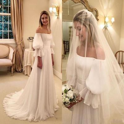  Elegant Bateau Neck A Line Wedding dresses With Long Sleeves Chiffon Pleats Poet Sleeves Floor Length Custom Made Beach Wedding Dress
