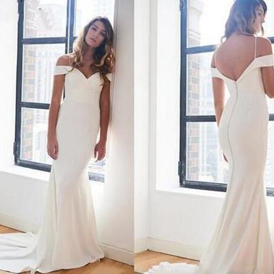 Simple satin mermaid wedding dresses off shoulder spaghetti straps zipper sweep train bride dress wedding gowns vestido de noiva