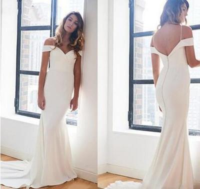 Simple Satin Mermaid Wedding Dresses Off Shoulder Spaghetti Straps Zipper Sweep Train Bride Dress Wedding Gowns Vestido de noiva