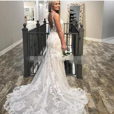 Mermaid wedding dresses scoop neck backless lace appliques ruched sleeveless elegant vestido de novia court train bridal gown
