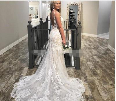 Mermaid Wedding Dresses Scoop Neck Backless Lace Appliques ruched Sleeveless Elegant Vestido De Novia court Train Bridal Gown