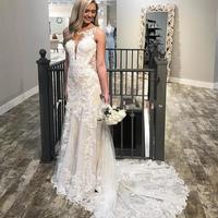 Mermaid Wedding Dresses Scoop Neck Backless Lace Appliques ruched Sleeveless Elegant Vestido De Novia court Train Bridal Gown - Thumbnail 1