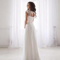  Jewel A-line Wedding Dresses Short Sleeves Sexy Backless Lace Pleated Chiffon Floor Length Birdal Gowns - Thumbnail 2