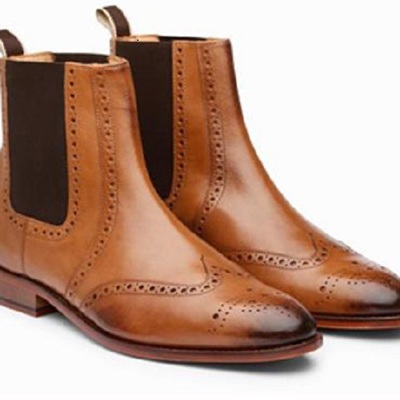 Handmade men's tan wing tip brogue leather boots, men stylish chelsea boots - Thumbnail 3