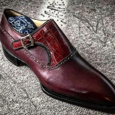 Men's handmade burgundy alligator leather monk strap dress formal fashion shoes