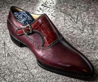 Men's Handmade Burgundy Alligator Leather Monk Strap Dress Formal Fashion Shoes