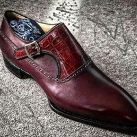 Men's Handmade Burgundy Alligator Leather Monk Strap Dress Formal Fashion Shoes - Thumbnail 4