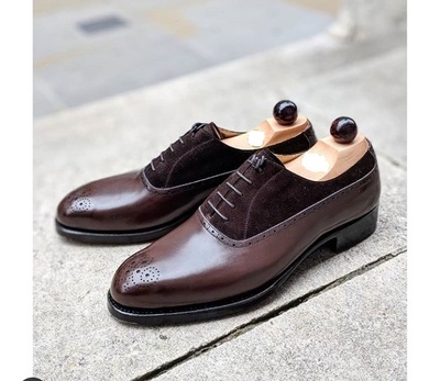 New Men’s Handmade Leather & Suede Brogue Shoes,Dark Brown Lace up Shoes For Men