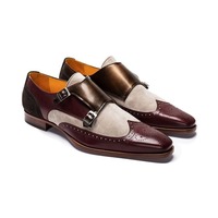 Handmade Men's Two Tone Leather & Suede Monk Shoes, Wing Tip Brown & Beige Shoes - Thumbnail 4