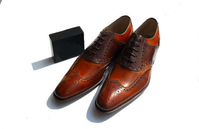 Handmade Men’s Tan & Brown Leather Shoes, Wing Tip Brogue Lace Up Formal Shoes