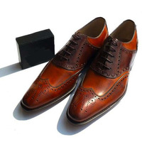 Handmade Men’s Tan & Brown Leather Shoes, Wing Tip Brogue Lace Up Formal Shoes - Thumbnail 1