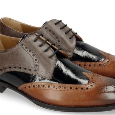 Handmade men’s brown & black leather shoes, wing tip brogue lace up casual shoes