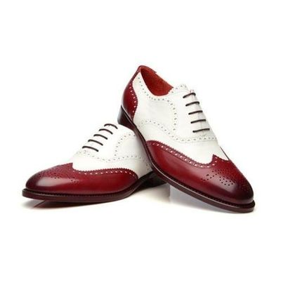 Handmade Men's White Burgundy Formal Shoes, Men Spectator Wing Tip Brogue Shoes
