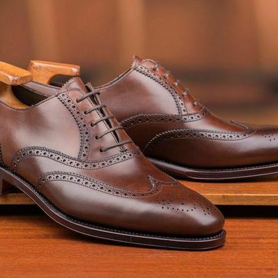 Brown plain leather handmade men's wingtip lace up shoes custom shoes for men