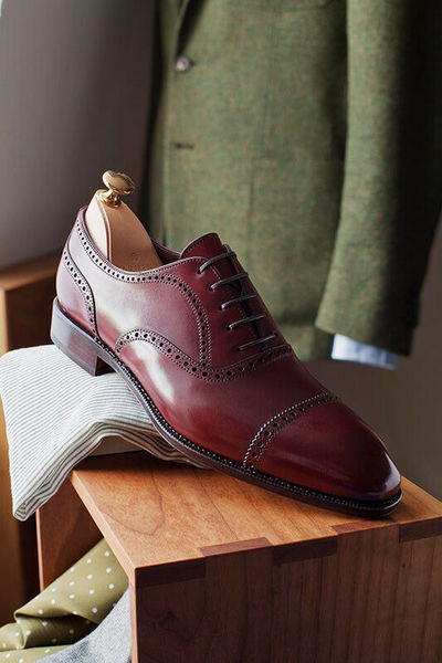 Men's handmade semi brogue lace up dress oxford shoes gentleman's shoes