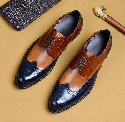 Handmade Navy Blue Tan Brown Leather Lace Up Shoes, Men's Wing Tip Brogue Shoes