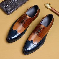 Handmade Navy Blue Tan Brown Leather Lace Up Shoes, Men's Wing Tip Brogue Shoes - Thumbnail 1