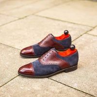 Men's Handmade Brown & Blue Leather & Suede shoes,Men Cap Toe Brogue formal shoe - Thumbnail 4
