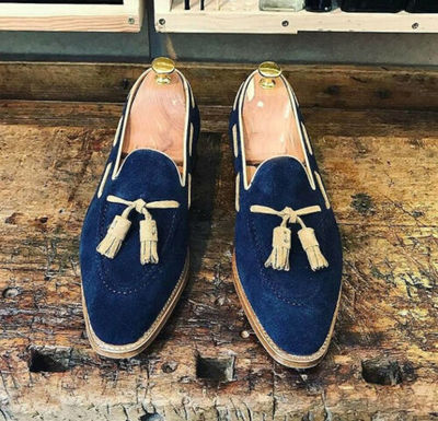 Handmade Men Blue Color Suede Loafer Slipper Dress Fashion Moccasin Tussles Shoe