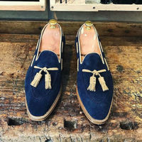 Handmade Men Blue Color Suede Loafer Slipper Dress Fashion Moccasin Tussles Shoe - Thumbnail 1