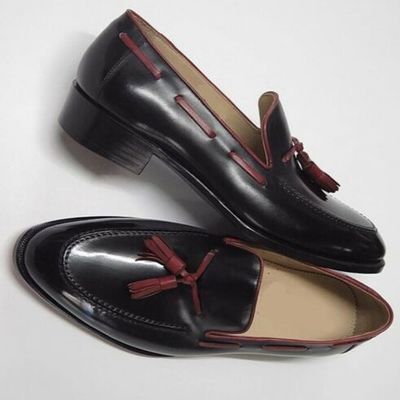 Handmade black color leather loafer slipper dress mens fashion tussles shoes