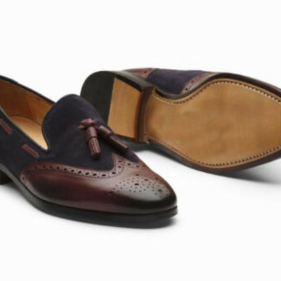 Handmade brown navy blue loafers suede leather shoes