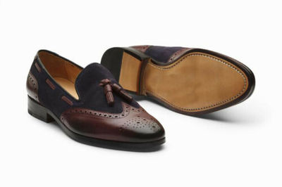 Handmade Brown Navy Blue Loafers Suede Leather Shoes