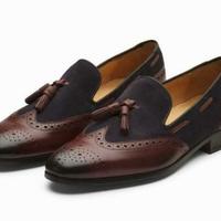 Handmade Brown Navy Blue Loafers Suede Leather Shoes - Thumbnail 1