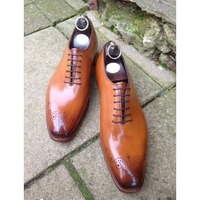 Handmade Men's Tan Oxford Brogue Formal Dress Shoes, Men Tan Leather Formal Shoe - Thumbnail 1