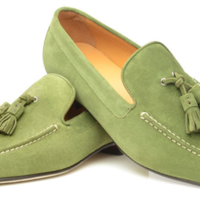 Handmade green suede vintage leather tassel loafer moccasins formal dress shoes