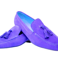 Handmade Purple Suede Vintage Leather Tassel Loafer Moccasins Formal Dress Shoes - Thumbnail 1