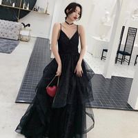 Black tulle sequins prom dress evening dress - Thumbnail 1